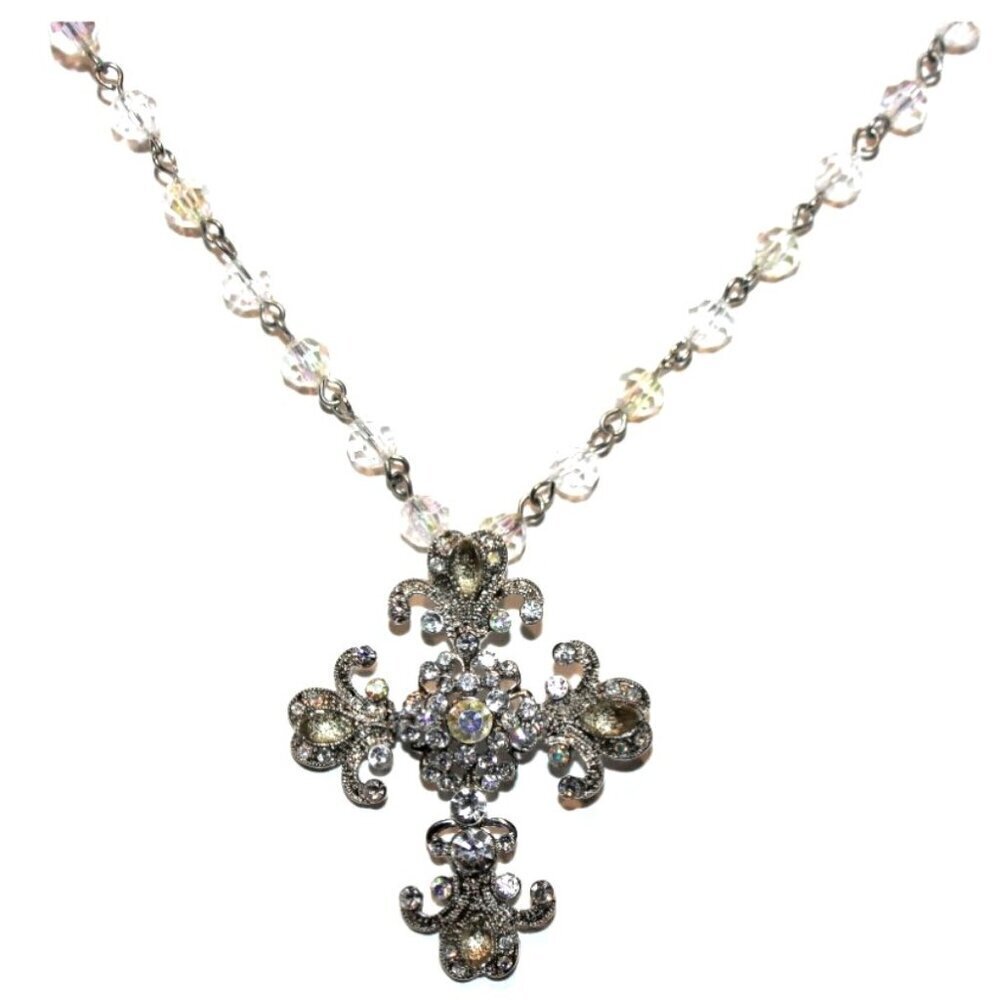 Vintage Scrolled Cross with Faceted Bead Chain in Clear Aurora Borealis Necklace